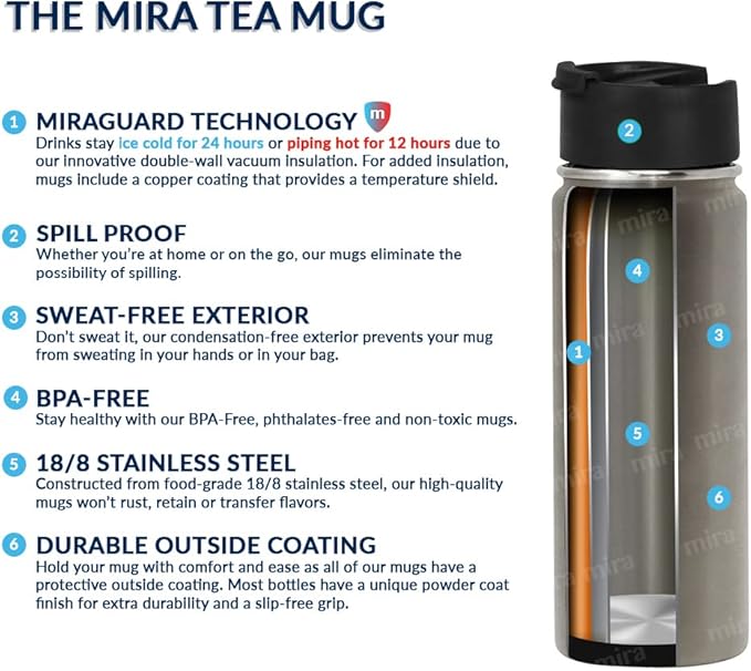 MIRA 18 oz Tea Infuser Thermos - Stainless Steel Travel Bottle with Removable Strainer for Loose Leaf Tea - Insulated Hot & Cold Brew Steeper - Pearl Blue