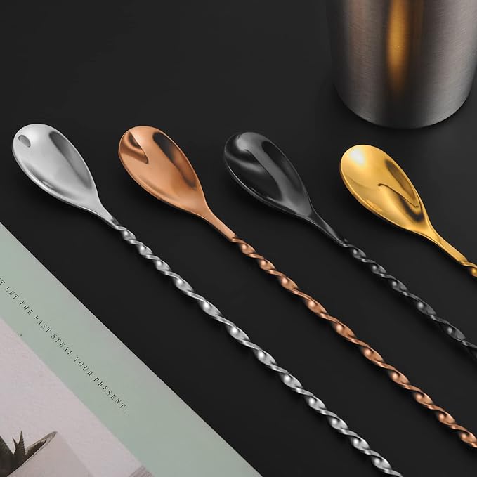 AnSaw Gold 12-Inch Stainless Steel Cocktail Spoon with Leaf Handle - Perfect for Mixing & Layering Drinks in Tall Cups, Bar & Shakers - Durable Long Handle Bar Stirrer,2-Pieces