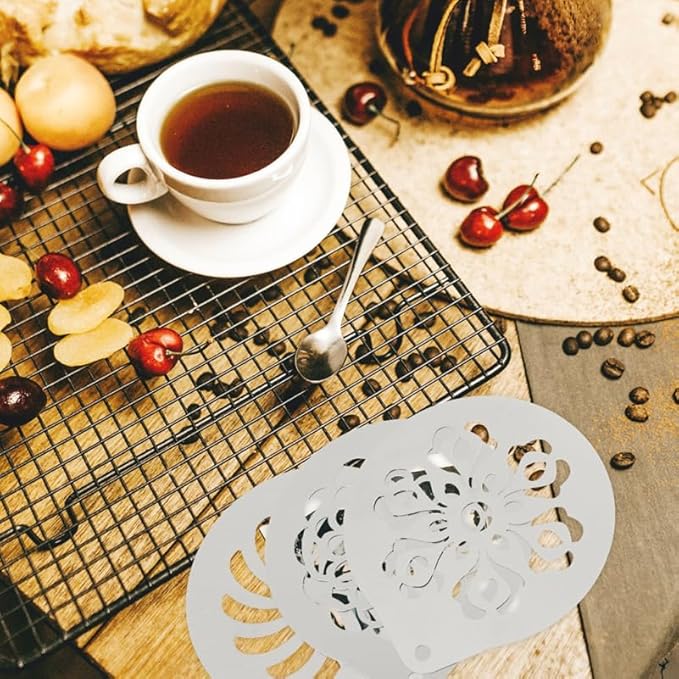 DOITOOL 6 Pcs Coffee Stencils Latte Art Stainless Steel Cappuccino Templates Coffee Templates for DIY Cupcake Mousse Hot Chocolate Milk Foam