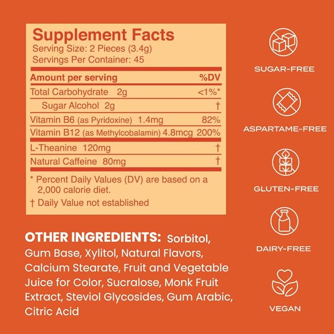 Neuro Energy & Focus Gum - 40mg Natural Caffeine Gum & Nootropic Energy Supplement with L-Theanine & B Vitamins - Sugar Free, Vegan - Cinnamon, 90ct