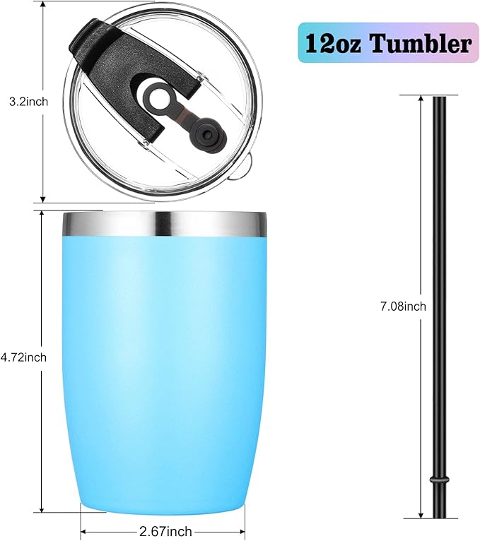 VEGOND Stainless Steel 12 oz Tumblers bulk Vacuum Insulated Double Wall Travel Tumbler with Lid and Straw Reusable Tumbler, Sky Blue 1 Pack