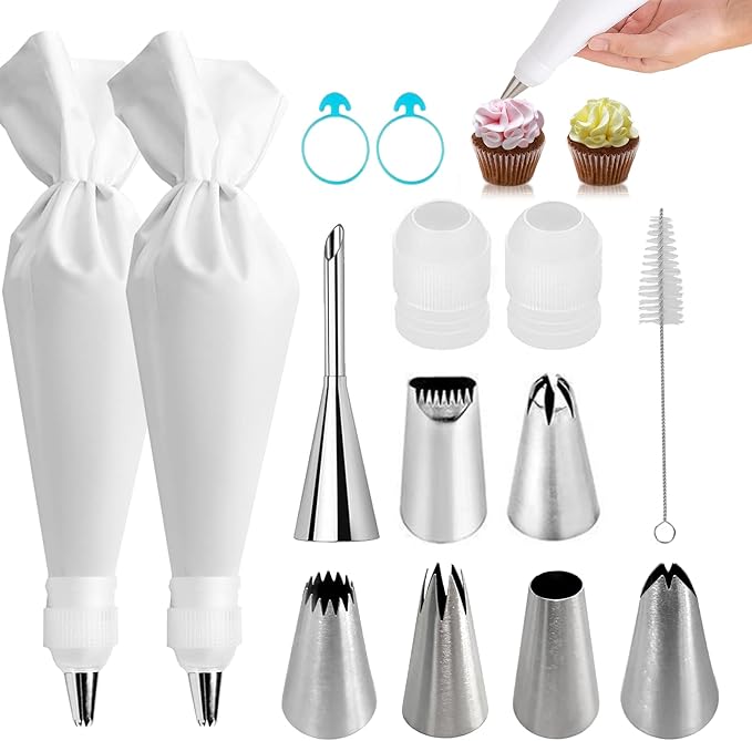 14-Piece Reusable Piping Bags and Tips Set- Cotton Baking Kit with Coupler, Stainless Steel Nozzles,Silicone Cable Ties& Cleaner for Cakes/Cupcakes/Cookies Decorating