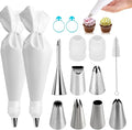 14-Piece Reusable Piping Bags and Tips Set- Cotton Baking Kit with Coupler, Stainless Steel Nozzles,Silicone Cable Ties& Cleaner for Cakes/Cupcakes/Cookies Decorating