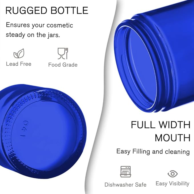Bumobum 2 oz Glass Jars with Lids, 48 pack Blue Round Small Containers with Black Lids, Blank Labels & Inner Liners, Empty Cosmetic Containers for Sample, Powder, Cream, Lotion