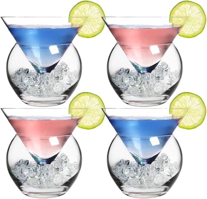 LEMONSODA Stemless Martini Glasses with Chiller - Set of 4 - Elegant Cocktail Glass Set with Server Bowl - Martini Gift Set for Margarita, Espresso Martinis, Manhattan Cocktails - Housewarming Gifts
