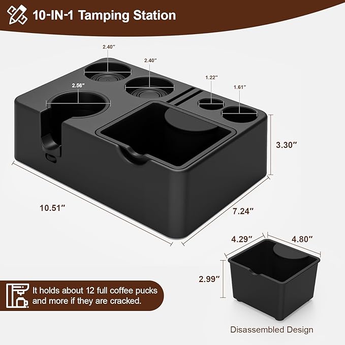MEION Espresso Tamping Station, Detachable Espresso Knock Box and Tamp Station, 10 in 1 Espresso Organizer Fits 51, 54, 58MM Espresso Tamper, Portafilter, Distributor Puck Screen Espresso Accessories