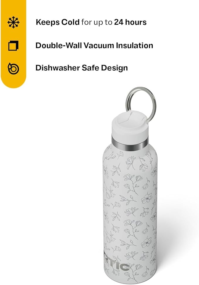 RTIC 20oz Journey Bottle Metal Stainless Steel Vacuum Insulated, BPA Free, Reusable, for Water, Hot and Cold Drinks, Travel, Sports, Camping, White Magnolias
