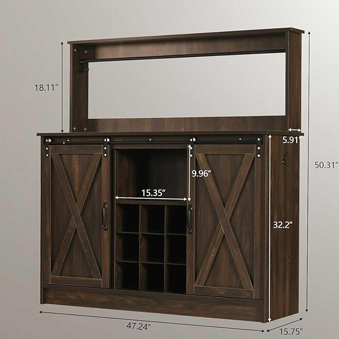 4ever2buy Farmhouse Coffee Bar Cabinet with 6 Hooks, 47 Inch Coffee Bar Hutch with 9 Wine Racks, Buffet Cabinet with Sliding Barn Door, Dark Oak