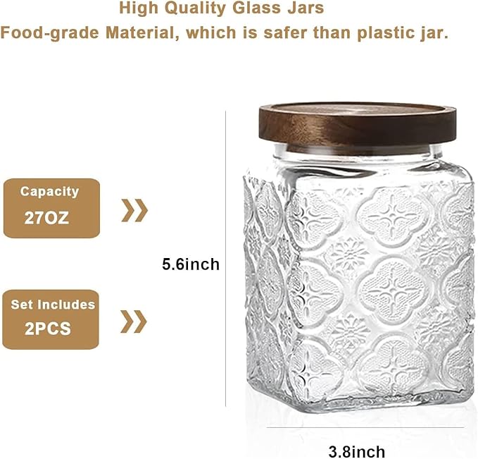 Snminetal Vintage Glass Airtight Storage Jar Set of 4, With Airtight Wood Lid, Kitchen Food Storage Containers,for Kitchen Counter, Pantry, Tea, Sugar,Coffee,Food Storage Jar(Plum pattern)