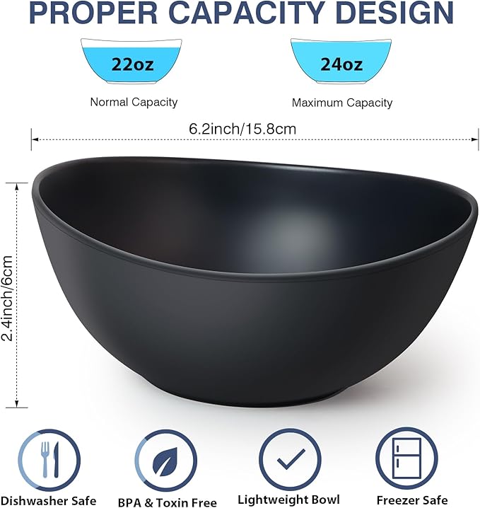 6.2'' Bamboo Fiber Cereal Bows Set of 6, Soup Bowls 24 Oz for Serving Salad, Snack, Side Dishes, Modern Oval Lightweight Bowls for Breakfast,Lunch and Dinner, Dishwasher and Freezer Safe(Matte black)