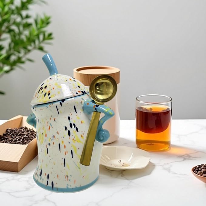 Canister With Attitude - 1.2L Ceramic Storage Jar with Lid, Airtight Kitchen Canisters Set for Coffee, Sugar & Tea | Farmhouse Flour Sugar Storage Container, Handmade with Spoon Rest (Gyan+White)