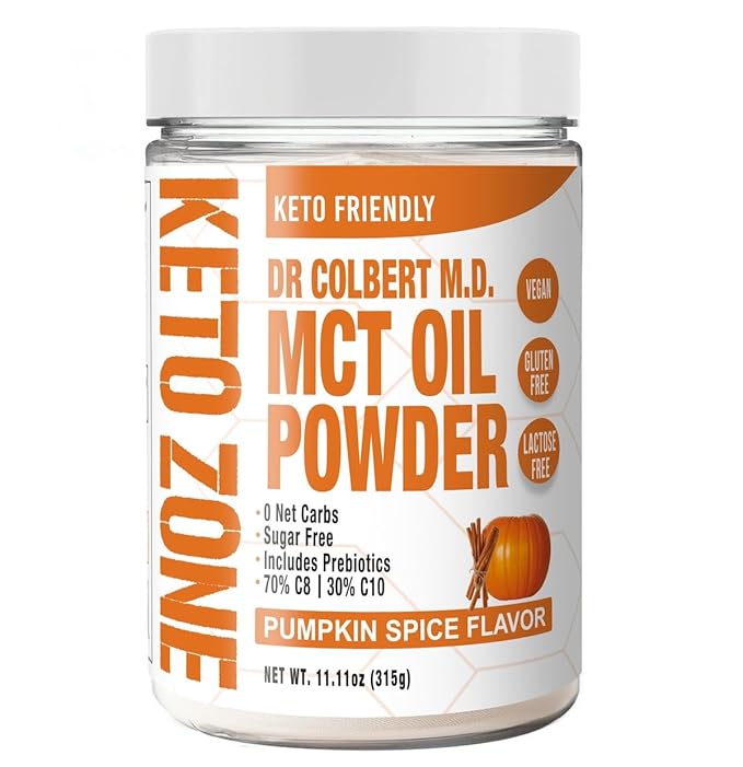 Dr. Colbert, MD MCT Oil Powder | Pumpkin Spice Flavor | by Divine Health | Recommended in The Keto Zone Diet | Alternative Coffee Creamer | 70% C8 30% C10 | 0 Net Carbs | 300 Grams