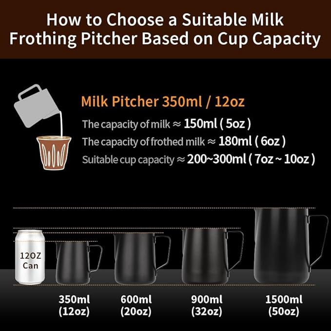 watchget Milk Frothing Pitcher 350ml/600ml/900ml/1500ml (12oz/20oz/32oz/52oz) - Stainless Steel Espresso Steaming Pitcher for Cappuccino, Latte Art, Milk Jug Coffee Frother Cup, Black