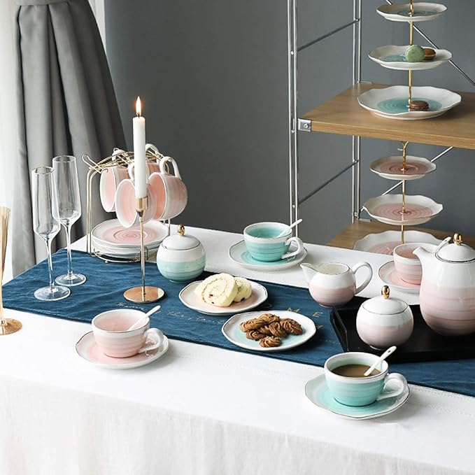 Sweejar Porcelain Tea Sets, 8 OZ Cups & Saucer Service for 4, Teapot Sugar Bowl Cream Pitcher Teaspoons and Tea Strainer for Adult Tea Coffee Afternoon Party (Pink)