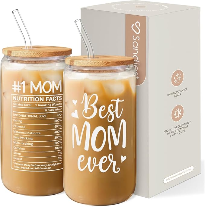Gifts for Mom from Daughter Son - Mom 16 Oz Can Glass Coffee Cup with Bamboo Lid & Straw - Mothers Gift for Women on Birthday Mothers Day Valentines