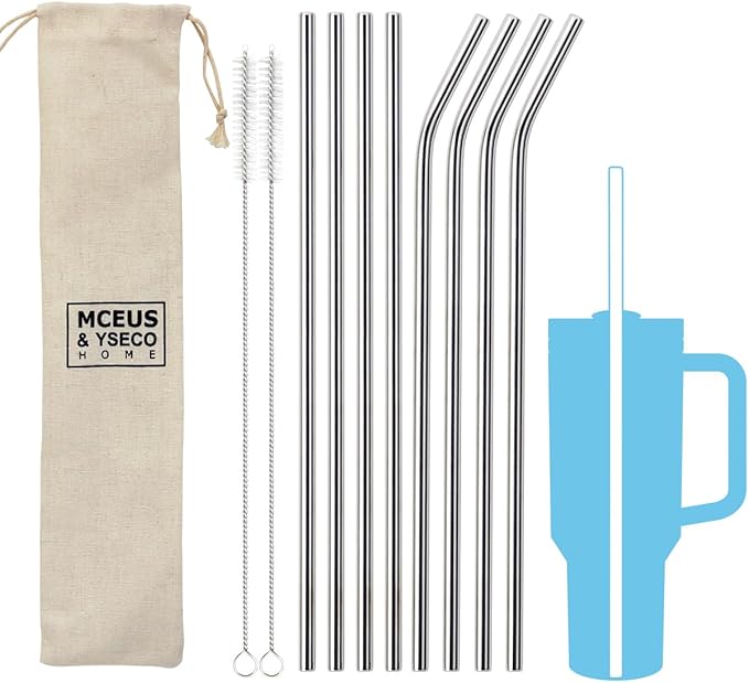 8 Pack Extra Long Metal Replacement Straws for Stanley 40oz Adventure Travel Tumbler, 304 Stainless Steel Reusable Drinking Straws with Clean Brush Compatible with Stanley Quencher 40oz Tall Tumbler