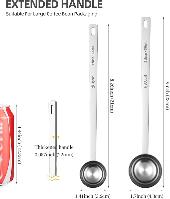 304 Stainless Steel Coffee Measuring Scoop, 9inch Long Handled 2 Tablespoon Coffee Scoop for Ground Coffee, Protein Powder, Baking, Hanging Hole