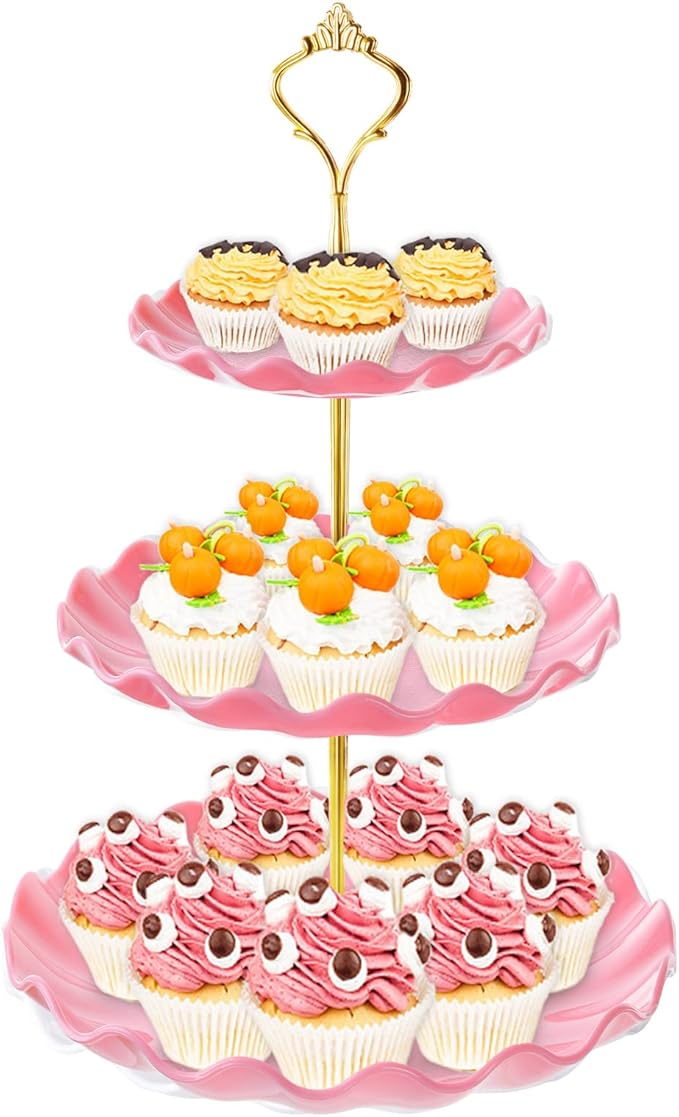 3 Tier Cupcake Stand Holder, BACUTHY Plastic Cup Cake Stand Tower with Tiered Serving Tray for Cupcakes, Donuts, Fruits and More, Pink
