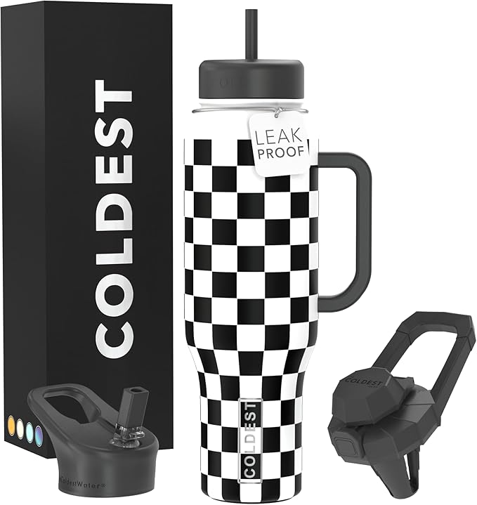Coldest 40 oz Tumbler with Handle and Straw, 100% Leak Proof Insulated Tumbler with Lid and Straw (3 Lids), Stainless Steel Tumblers for Women & Men, Cup Holder Friendly, 46 oz (Black Checkers)