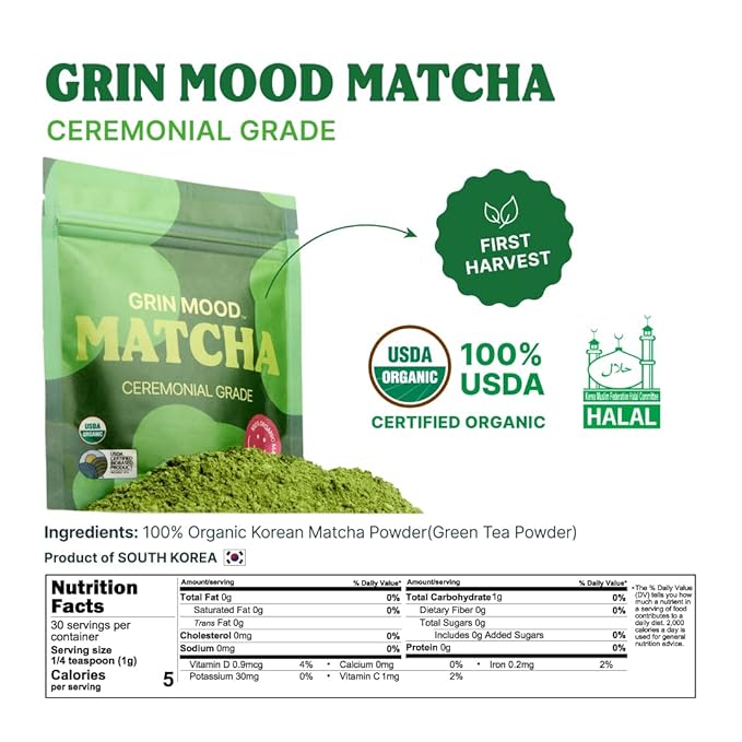 GRIN MOOD Matcha Organic Green Tea Powder - Decaffeinated Green Tea, Authentic Korean Matcha, Halal (1.06oz, Ceremonial Grade)