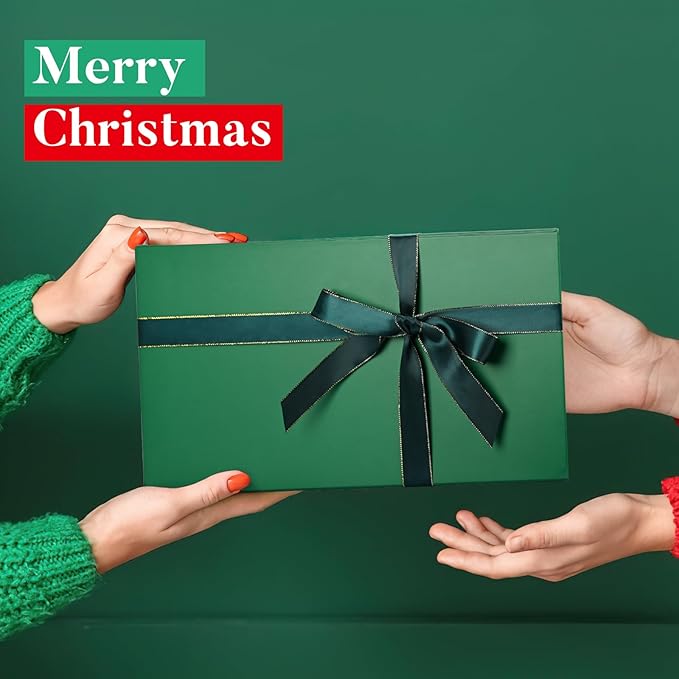 LIFELUM 5 Pack Boxes - Large Green Boxes of Gifts 13.8 x 8.5 x 4.5 Inch with Strong Magnetic Lid, Contains Card, Ribbon, Filler, Sticker