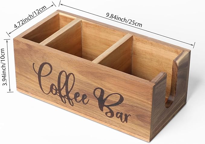 Acacia Wood Station Organizer,Coffee Station Organizer for Cup Lid Stirrers Pod, Disposable Coffee Cup Holder, Farmhouse Accessories Decor, Brown Labeled Coffee Bar