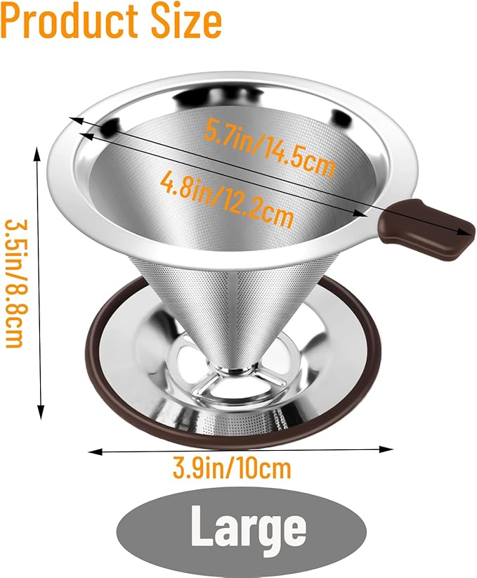 Reusable Paperless Coffee Filter V60,Coffee Dripper,Professional Stainless Steel Drip Cone Brew Coffee Strainer,Double Micro Mesh Filter,Coffee Filter Mug,Silicone Handle & Non-Slip Silicone Base (L)