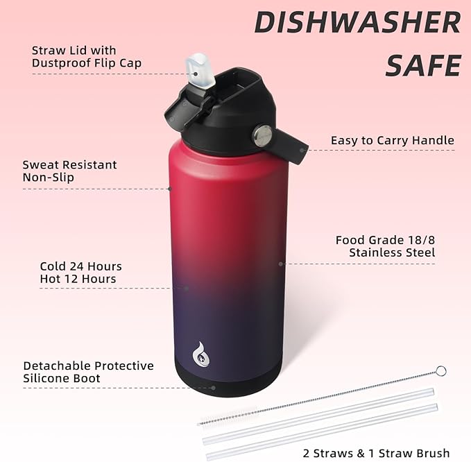 BJPKPK Water Bottle with Straw Lid, 32oz Vacuum Insulated Water Bottles, Metal Stainless Steel Thermos for Sports, Travel, BPA Free Leak Proof Thermos, Cups, Flasks, Tumblers,Charming Red