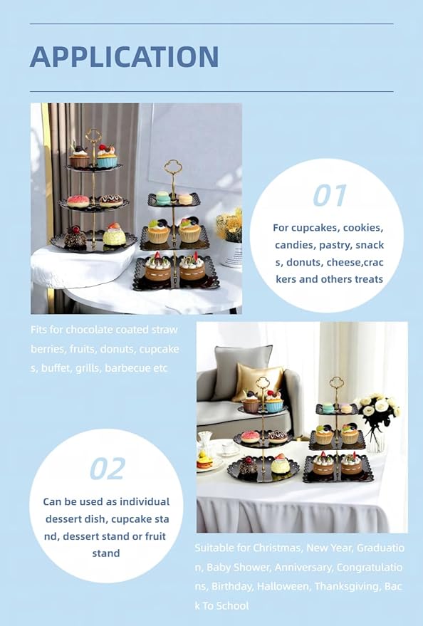 RAUVOLFIA 2 Pack of Plastic Round & Square Dessert Cupcake Stand, 3 Tier Cup Cake Holder Tower for Tea Party/Birthday/Wedding, Plastic Tiered Serving Tray (Black)
