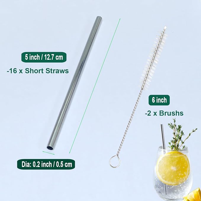 16 Pack 5 Inch Extra Short Metal Coffee Stir Straws, Reusable Stainless Steel Coffee Stirrer, Mini Bar Cocktail Straws with Cleaning Brush for Coffee Mugs, Small Glasses or Cups