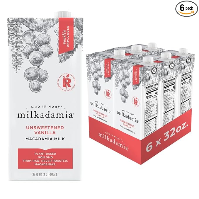 milkadamia Macadamia Milk - Unsweetened Vanilla - 32 Fl Oz (Pack of 6) - Lactose Free, Vegan, Shelf Stable, Plant Based, Non Dairy, Dairy Free