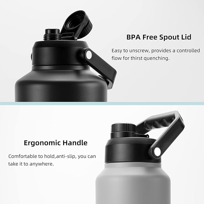 BJPKPK 64 oz Insulated Water Bottle, Dishwasher Safe Half Gallon Water Bottle with Ergonomic Handle, BPA Free Leak Proof Water Jug for Sports, Metal Thermos with Anti-slip Bottom, Grey