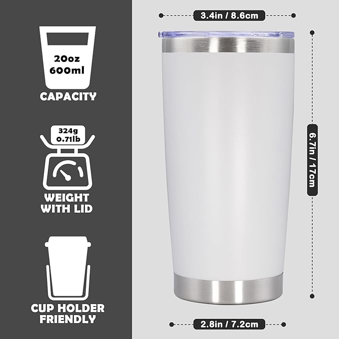 20oz Tumbler Bulk Stainless Steel Tumbler Cup with Lid Vacuum Insulated Double Wall Travel Mug, Durable Powder Coated Travel Coffee Tumbler Mug for Hot & Cold Drinks, White,12 Pack