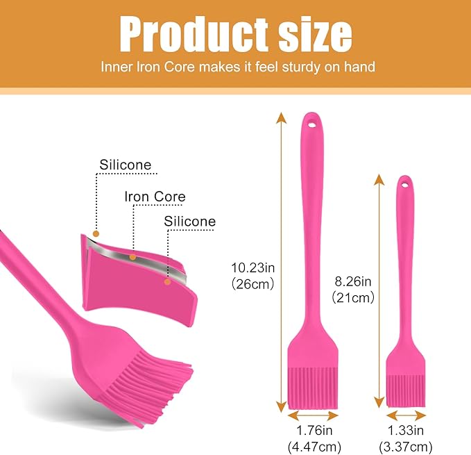 Silicone Basting Brush 2 Pcs Pastry Brush for Oil, BBQ, Grill, Sauce Baking Cooking, Dishwasher Safe (Pink)