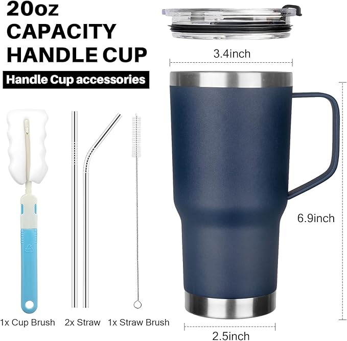 20 oz Tumbler with Handle, Stainless Steel Insulated Tumbler with Lid and Straw, Double Wall Vacuum Coffee Mug Tumbler, Insulated Coffee Thermal Cup for Cold and Hot (Navy Blue)