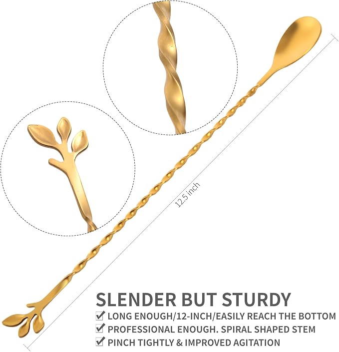 AnSaw Gold 12-Inch Stainless Steel Cocktail Spoon with Leaf Handle - Perfect for Mixing & Layering Drinks in Tall Cups, Bar & Shakers - Durable Long Handle Bar Stirrer,1-Pieces