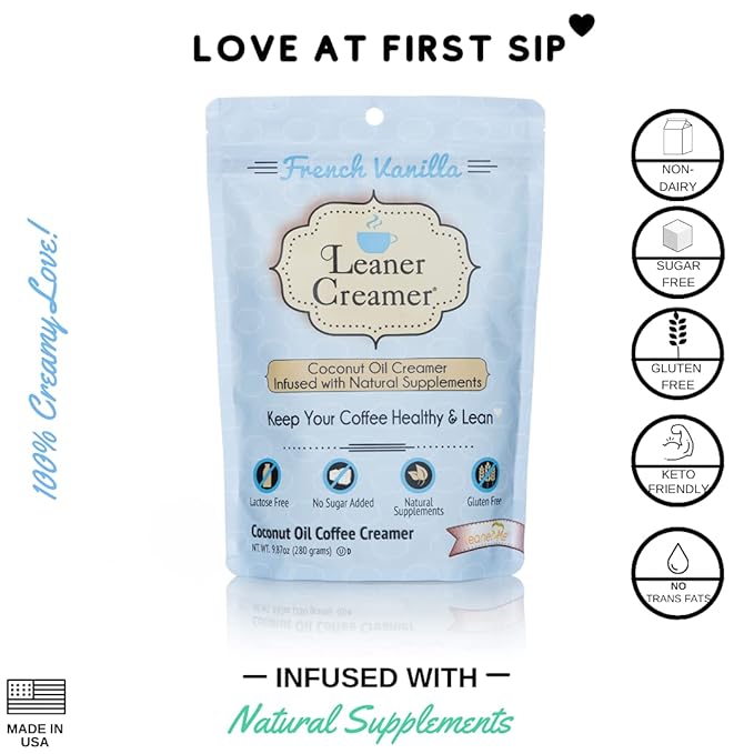 Leaner Creamer Coconut Creamer with Superfood Ingredients – Non-Dairy, Sugar-Free Powdered Coffee Creamer – French Vanilla – 2-Pack Bundle – 280g Each