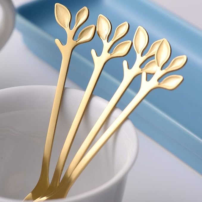 AnSaw 8-Pack Elegant Gold Leaf 4.7" Espresso Spoons - Stainless Steel, Perfect for Coffee, Demitasse, Dessert & Tea, Mini Size for Small Servings