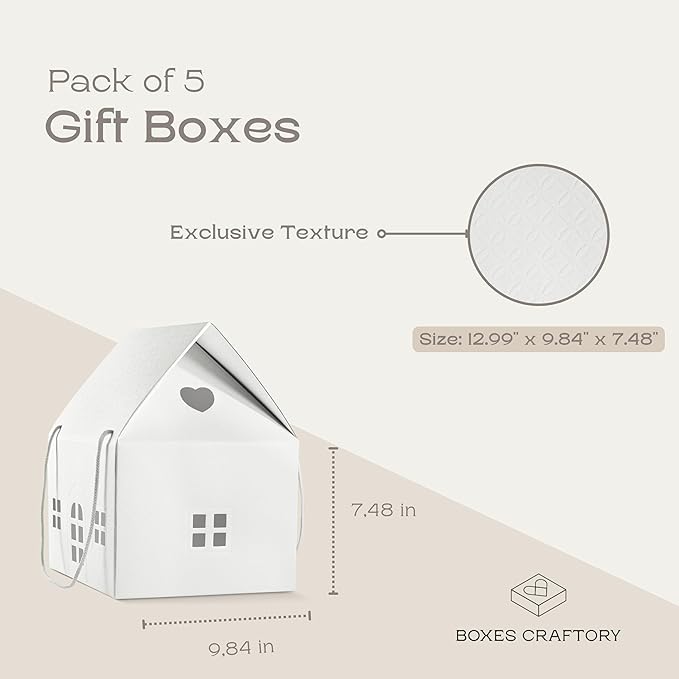 Boxes Craftory Pack of 5 House Shaped Gift Boxes (12.99 x 9.84 x 7.48 inch) - Mansion Ideal for Home Presents, House Interior Decorations and for Treats - White Matelasse