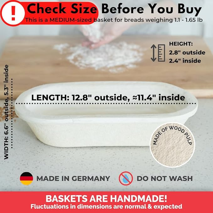 Bulka Oval 750g Groove Banneton Bread Proofing Basket Pressed Wood Pulp, Sourdough Proofing Basket - Non-Stick Batard Brotform Sourdough Bread Baking Supplies, Made in Germany.