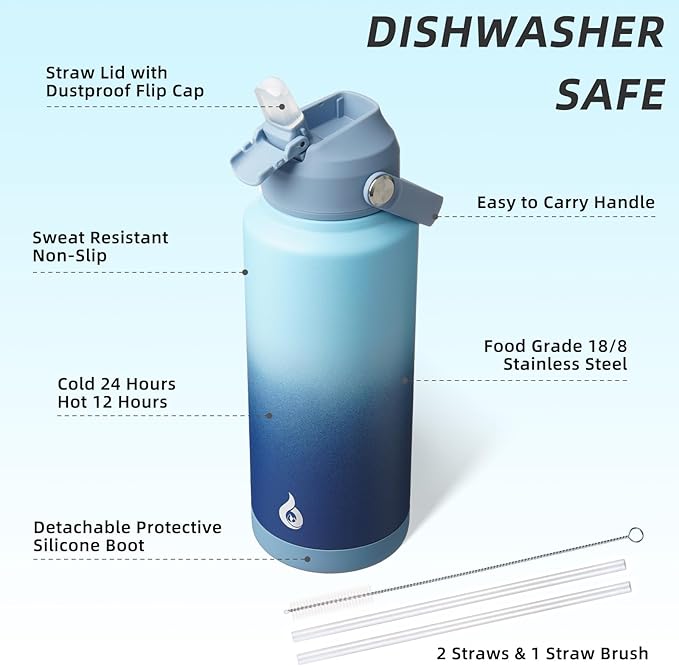BJPKPK Water Bottle with Straw Lid, 32oz Vacuum Insulated Water Bottles, Metal Stainless Steel Thermos for Sports, Travel, BPA Free Leak Proof Thermos, Cups, Flasks, Tumblers,Sky