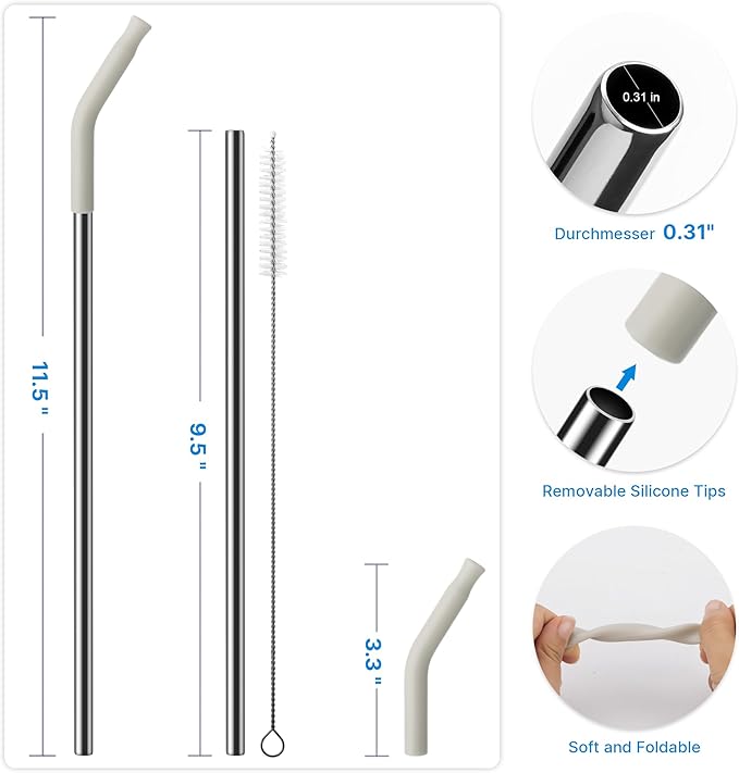 Metal Straw with Silicone Tip for 30oz Stanley Cup, 2 Pcs Stainless Steel Straws Replacement for Stanley 30 oz Adventure Quencher Travel Tumbler Cup, 1 Straw Brush (Cream Grey)