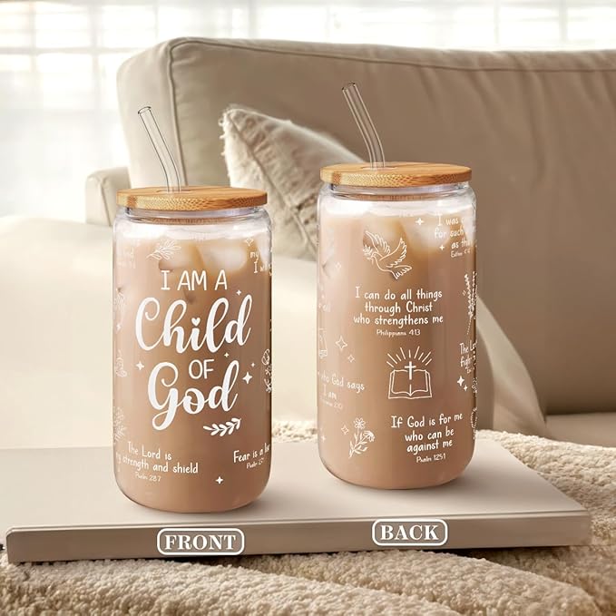 SANDJEST Christian Glass Can, I am Child of God Cup with Lid & Straw, Iced Coffee Aesthetic Cups, Idea Gift for Christmas Birthday, Gifts for Women, 16oz