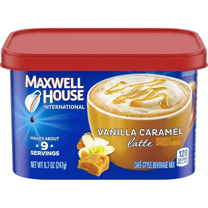Maxwell House Vanilla Caramel Latte Mix, 8.7 oz + French Vanilla Café-Style Instant Coffee Beverage Mix, 4.3 oz, (Variety Pack)