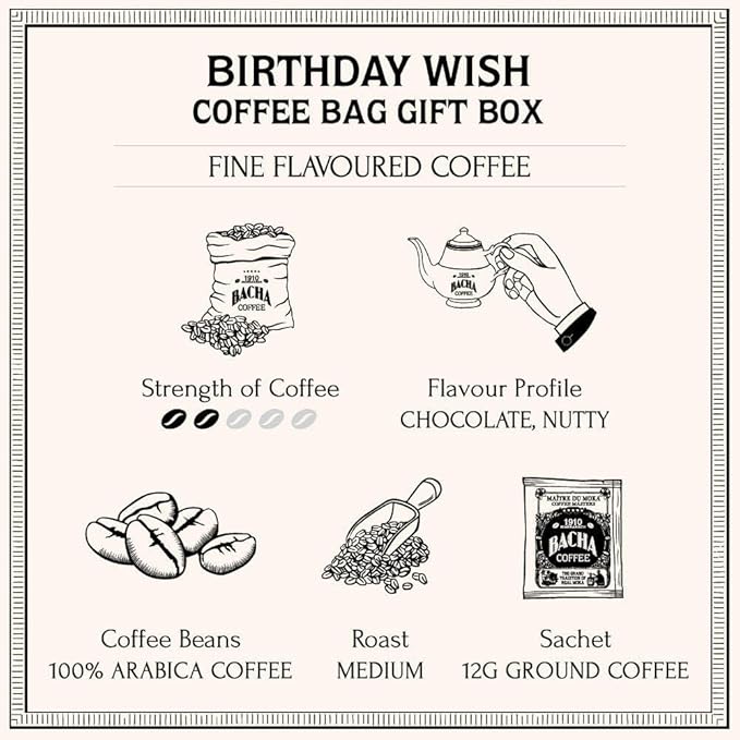 Bacha Coffee | Birthday Wish Fine Flavoured, Medium Roast, 100% Arabica Specialty Coffee, 12 Coffee Drip Bags, Gift Box