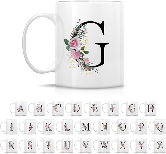 Retreez Initial A-Z Floral Botanical Bouquet Alphabet Monogrammed Monogram Mug 11 Oz Ceramic Tea Coffee Mugs - Appreciation Thank You Wedding Birthday Gifts for her friend coworker sister - G Initial