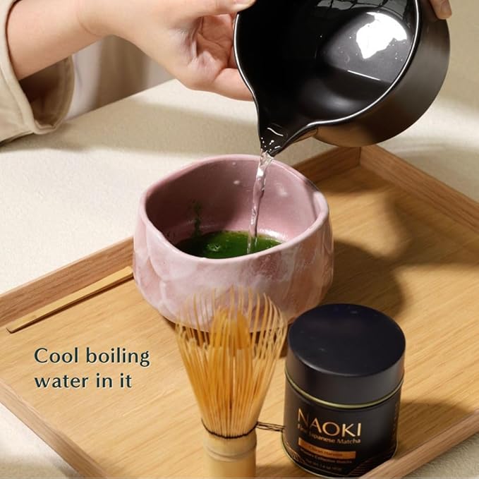 Naoki Matcha Traditional Ceramic Chawan Matcha Tea Bowl with Pour Spout Set - Hand Made Ceramic with Black Matte Glaze - For Perfectly Whisked Matcha Green Tea (18 Ounce)