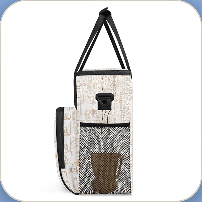 Coffee Cup Coffee Maker Carring Bag Coffee Texts Travel Carrying Storage Tote Bag Compatible with Keurig K-Mini or K-Mini Plus Portable Single Serve Coffee Brewer Case with Pockets for K-cup Pods