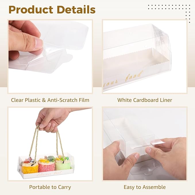 24PCS Macaron boxes, Take Out Clear Chocolate Covered Strawberries Boxes with Handles, Portable Transparent Macaron Cupcake Boxes, Bakery Cookie Present Containers for Party, Wedding, Display, Pastry Packaging, 7.3 x 2.6 x 2.6 in