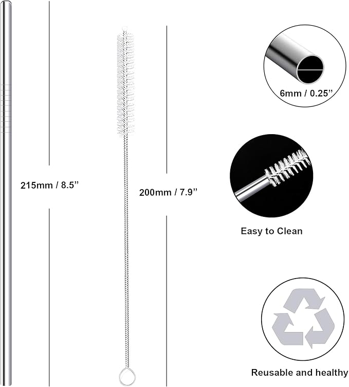Stainless Steel Straws Metal Reusable Drinking Straw for Juice Iced Coffee Cold Beverage Water Highball Glasses 20oz Tumblers Mugs Cups, 0.24" 6mm Wide 215mm Long, Set of 8 with Brush, Silver